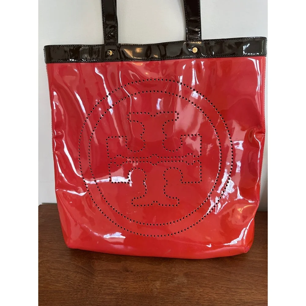 Tory Burch Red Patent Leather Perforated Logo Tote Bag Brown Trim